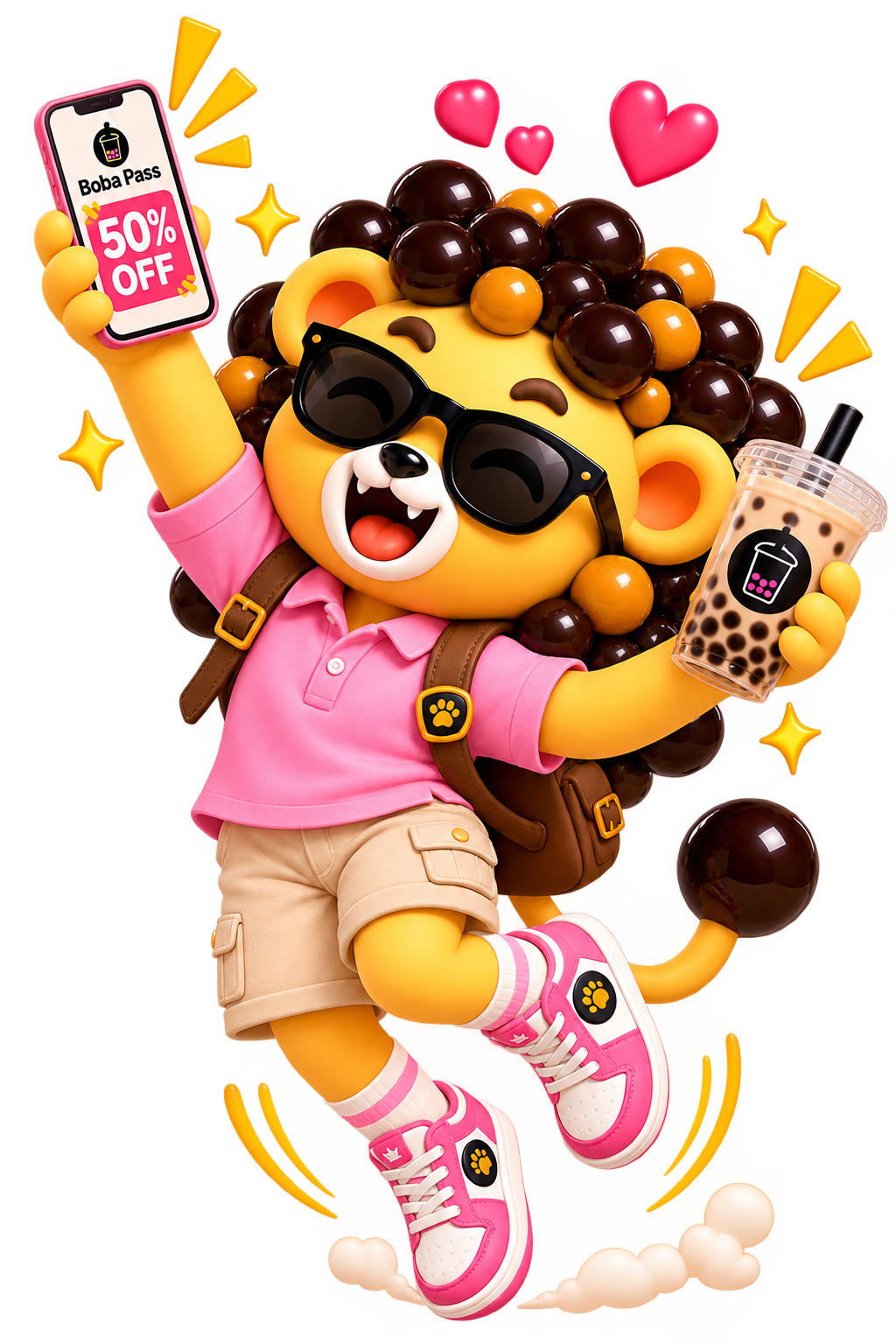 Maestro the Boba Lion™ holding a Boba Pass member offer sign