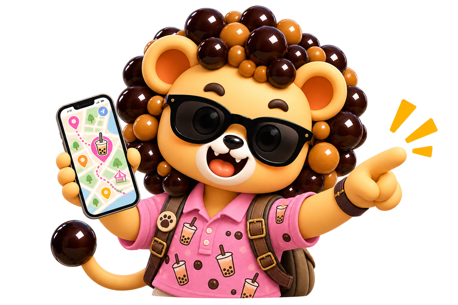 Maestro the Boba Lion pointing at a boba map