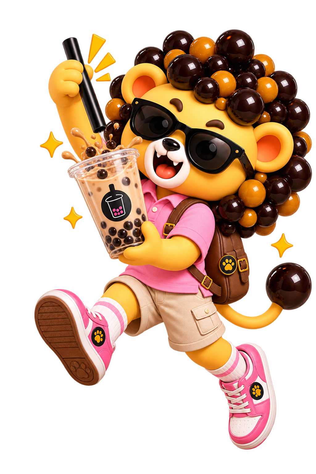 Maestro the Boba Lion™ drinking bubble tea through a straw